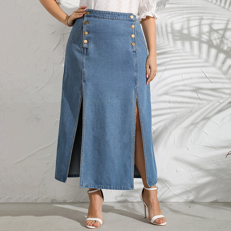 Женская джинсовая юбка с высокой талией, однотонная свободная повседневная юбка трапециевидной формы в стиле ретро на пуговицах, модель 2022 ...