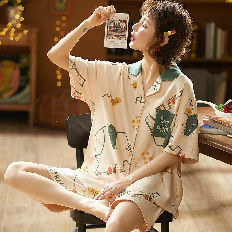 2022 Baru Katun Celana Pendek Lengan Pendek Piyama Wanita Set Piyama Kartun Lucu Piyama Pendek Sederhana Jepang Pakaian Tidur Wanita W184