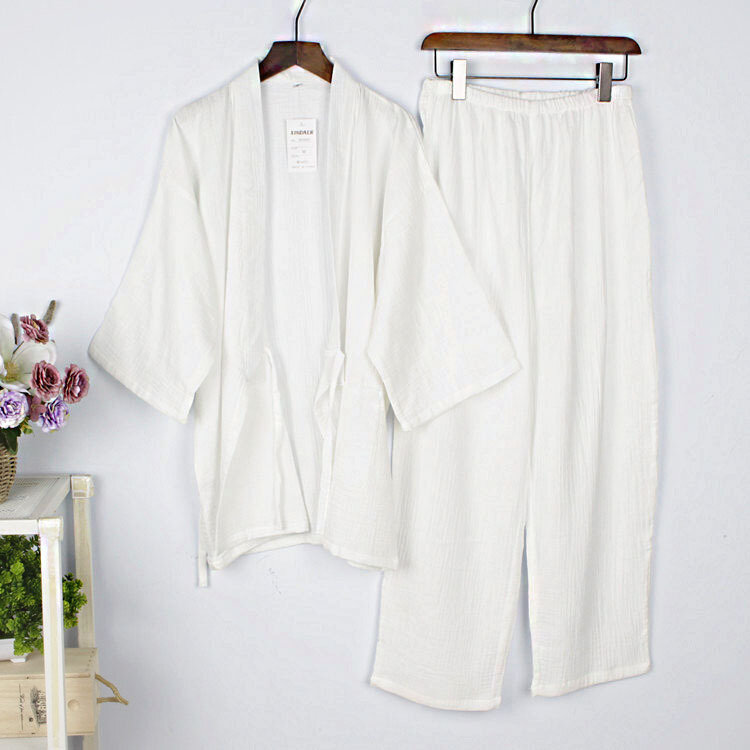 110kg 2XL Kimono Set Men Pajamas Washed Encryption Crepe Four Seasons Thin Cotton Three Quarter Sleeves Sweat Hanfu Sleepwear Pj