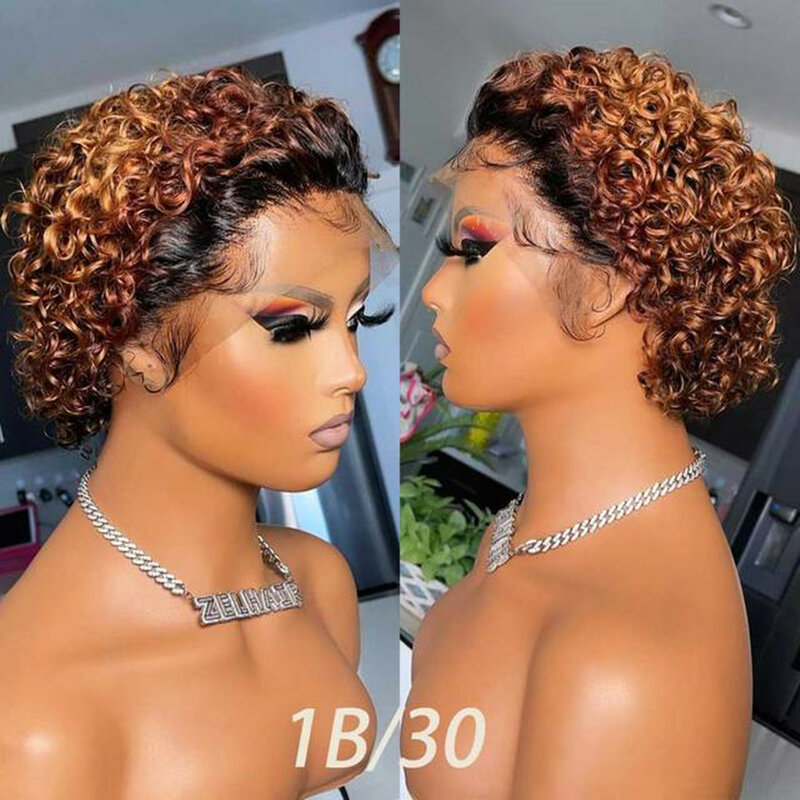 Short Curly Bob Wigs Human Hair Wigs 99j Cheap Pixie Cut Wig 13X1 Transparent Lace Wigs Pre Plucked Hairline Honey Blonde curly