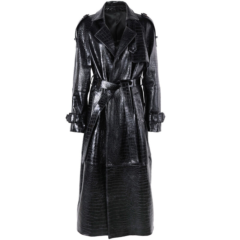 YOLOAgain Women Crocodile Pattern Long Leather Coat Real Leather Trench Coat With Belt