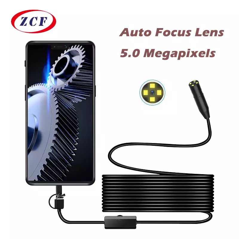 Auto Focus Endoscope Camera 3X Zoom 5.0MP HD1944P 3 IN 1 Type-c Industrial Inspection Snake Borescope IP67 Waterproof AN100