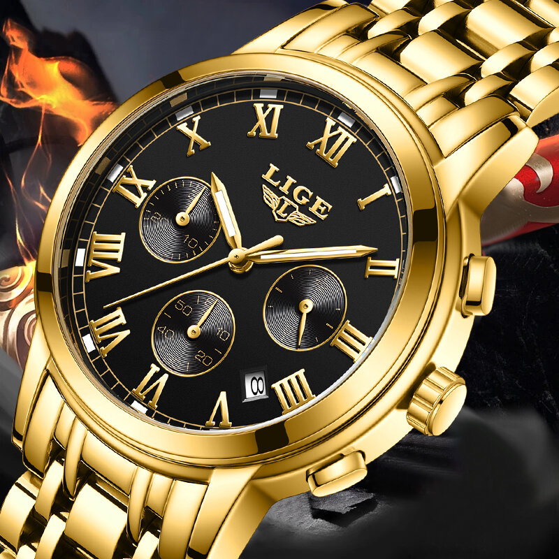 LIGE-캐주얼 스포츠 남성용 시계, 크로노그래프 스테인레스 다이버 시계, 큰 다이얼 쿼츠 시계, 야광