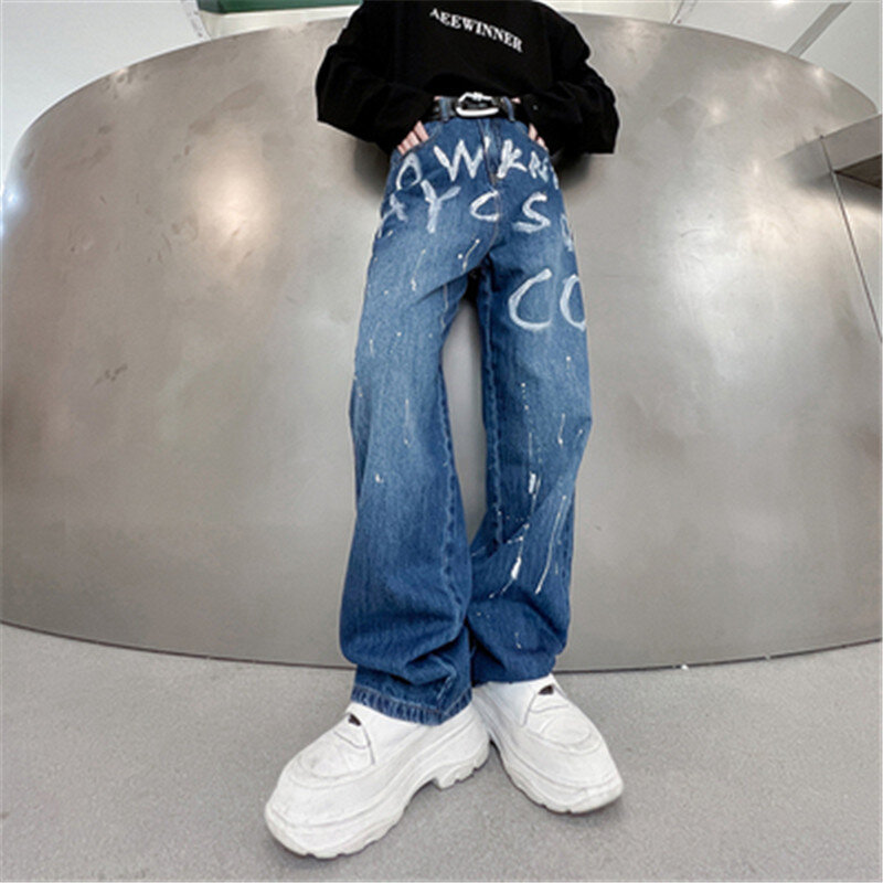 Calças de brim soltas largas calças de perna graffiti baggy calças masculinas alta rua legal masculino denim azul calças estilo coreano roupas masculinas queda