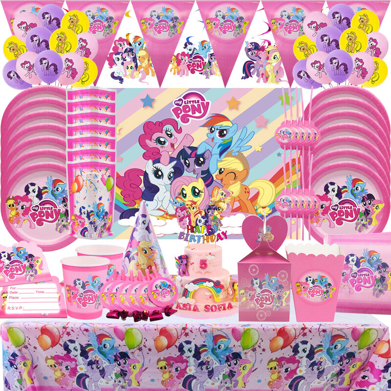 Decorazione di compleanno Set di stoviglie usa e getta cartone animato Little Pony piatti di carta Banner tovaglioli ragazza bambini Pony festa di compleanno Decor