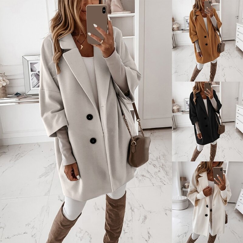 Women Autumn 3/4 Sleeve Solid Color Faux Wool Coat Notched Lapel Buttons Loose Outerwear Basic Midi Long Jacket with Pockets