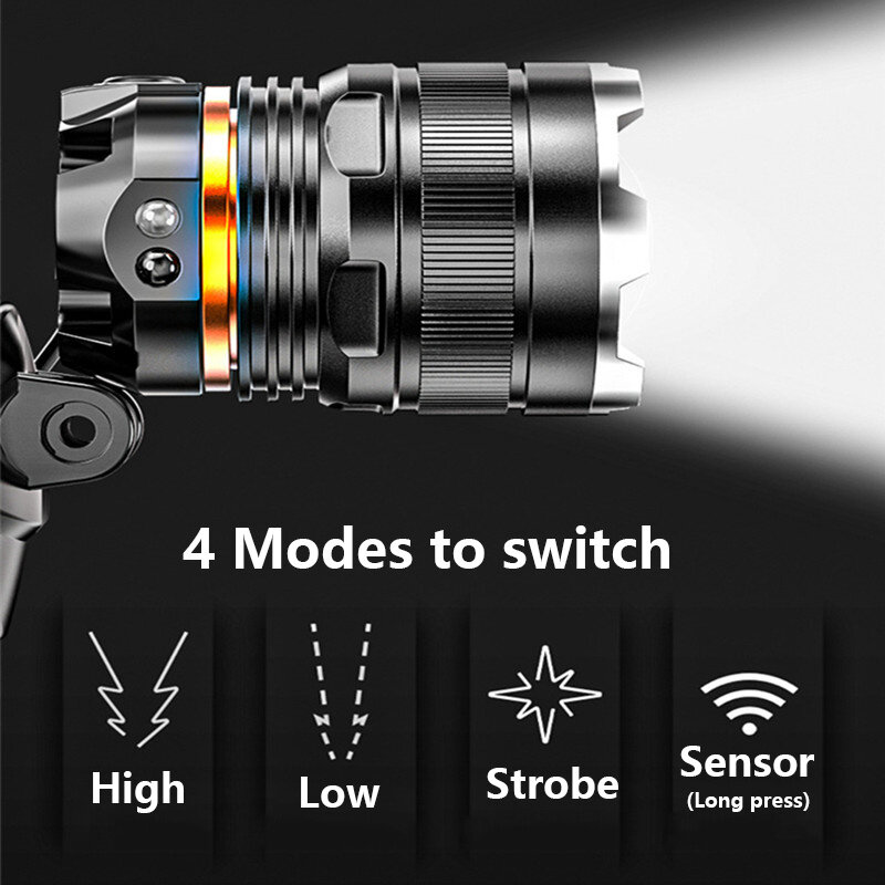 التكبير الاستشعار كشافات الصيد العلوي USB مصباح قابل لإعادة الشحن مقاوم للماء XHP50 السوبر مشرق في الهواء الطلق التخييم الخفيفة