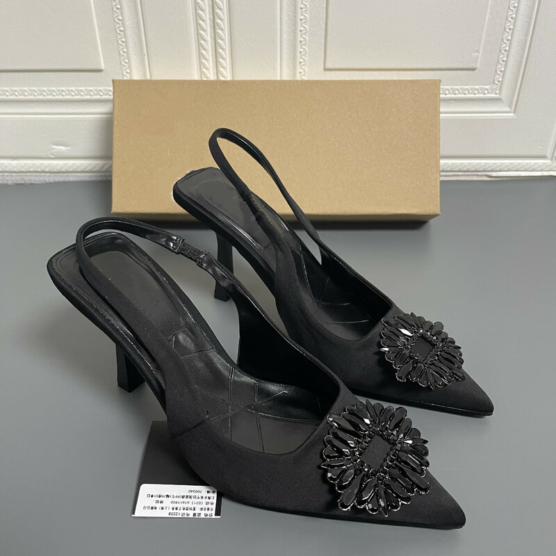 Zapatos de mujer con banda elástica, Sandalias de tacón alto, punta estrecha, con diamantes de imitación, color negro, Primavera, 2022