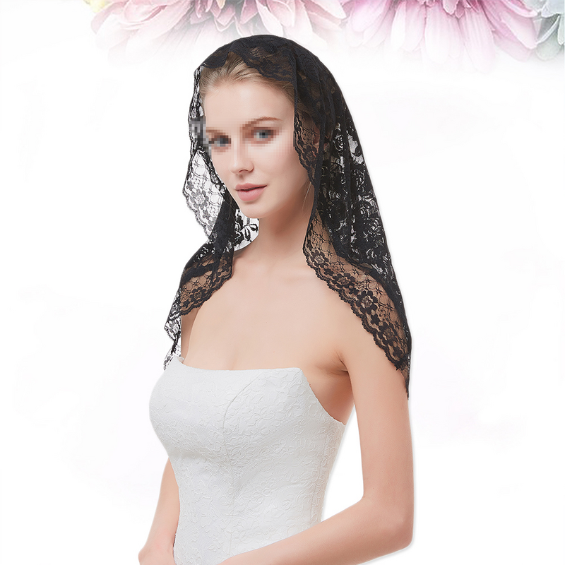 Kerudung renda pernikahan pengantin selendang Tule bordir elegan mahkota kepala pengantin (hitam)