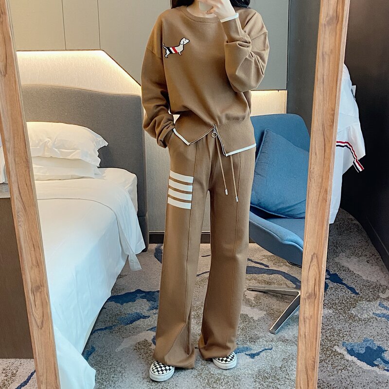 TB Dog Embroidery Wool Knitted Sweater Suit Women's 2022 Autumn and Winter New Four Bar Casual Loose Leg Pants