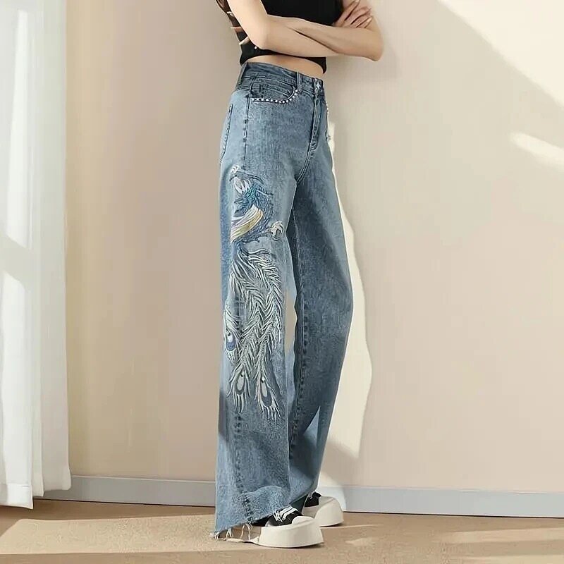 Pantalones vaqueros Vintage para mujer, ropa femenina con bordado de Fénix, de pierna ancha, holgados, de cintura alta, otoño 2022