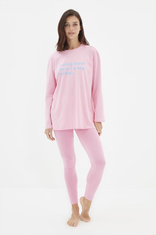 Trendyol-Conjunto de pijamas de punto con eslogan impreso, THMAW22PT0615