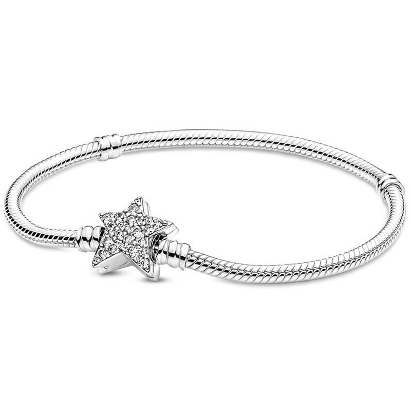 Original Snowflake Logo Signature Halo Star Snake Chain Bracelet Fit Pandora 925 Sterling Silver Bangle Bead Charm Diy Jewelry