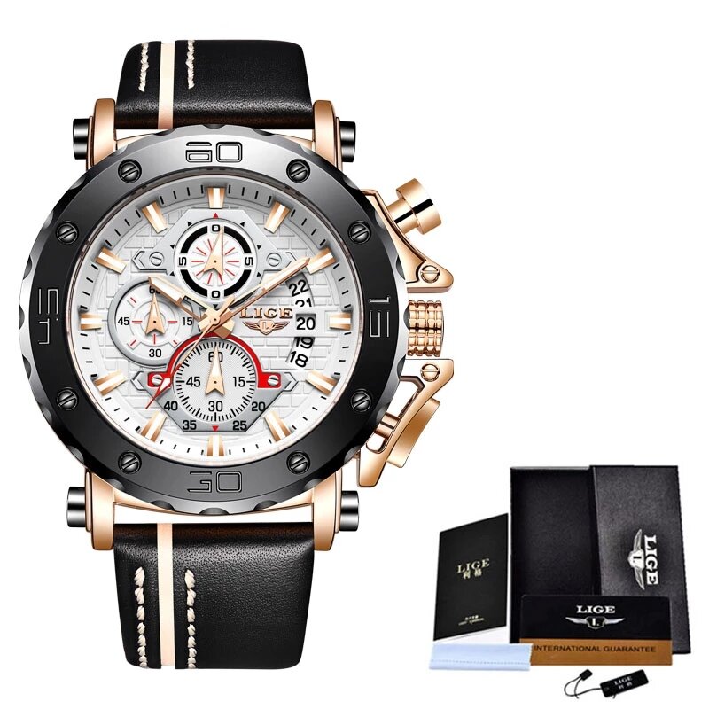 LIGE – grande montre en cuir pour hommes, marque de luxe, étanche, Quartz, sport, chronographe