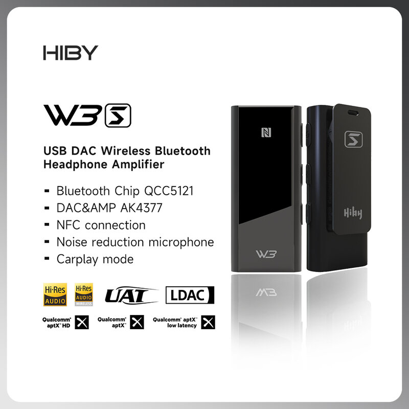 HiBy W3 세이버 USB DAC 무선 블루투스 헤드폰 앰프 수신기, 3.5mm SE 출력, NFC aptX HD LDAC SBC AAC 카플레이, 마이크 포함