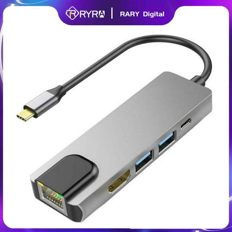 RYRA-Adaptador USB 3,0 tipo C a HDMI 4K Thunderbolt USB C Hub puerto de red Gigabit con HDMI 4K HD para MacBook Air USB C Splitter