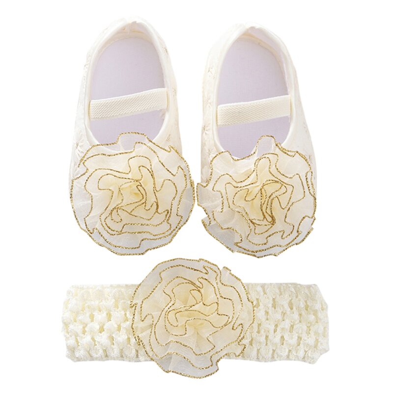 Weixinbuy-zapatos de princesa lisos de encaje a la moda, banda para el pelo para niña encantadora + conjunto de zapatos con hebilla, Color sólido, primeros pasos 0-12 meses