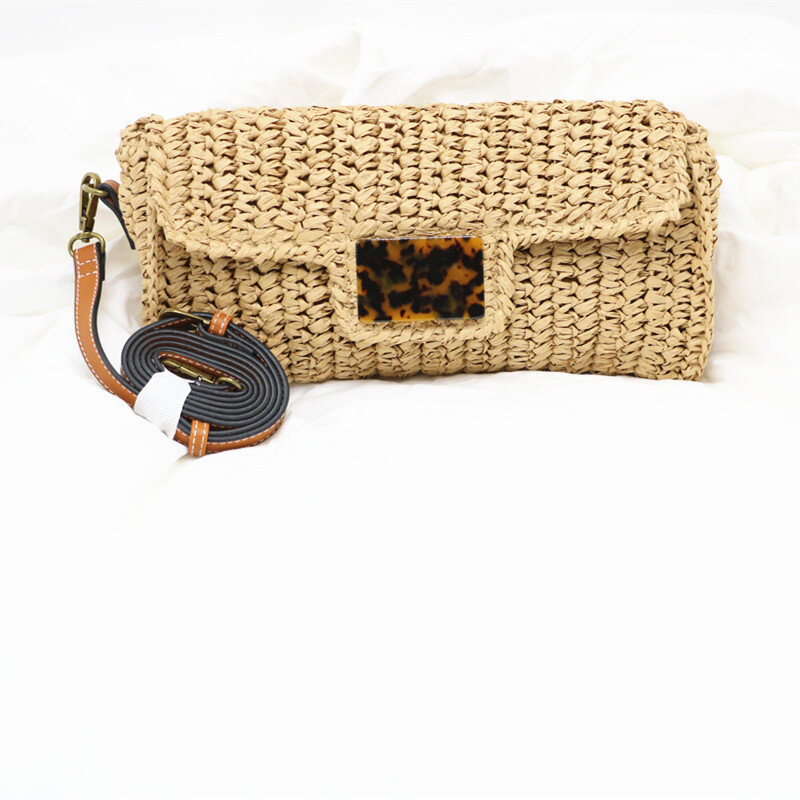 Bolso de paja tejido a mano para mujer, bolsa larga con estampado de leopardo, estilo Retro, ideal para vacaciones en la playa