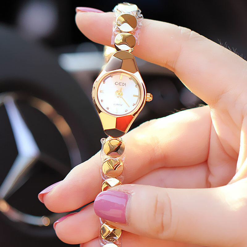 Relógio de pulseira de ouro pequeno feminino, aço inoxidável, relógio de pulso retrô feminino, relógio de vestido, moda