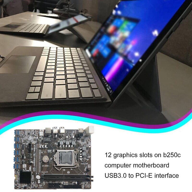 B250C BTC Mining Motherboard dengan G3930 CPU + Kipas + Kabel SATA + Kabel Sakelar 12 * PCIE Ke USB 3.0 Slot GPU Mendukung RAM DDR4 DIMM