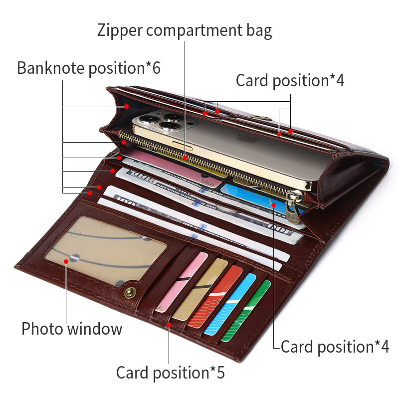 SCHLATUM-사용자 정의 새겨진 빈티지 가죽 지갑 여성용, 이름 지갑, 긴 지퍼, 맞춤 선물, 여성 지갑