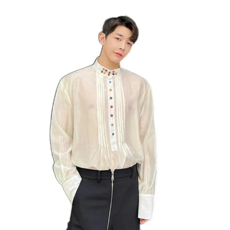 Oversize Lange Mouwen Shirt Originele Mannen Shirts Kleurrijke Knop Orgel Plooien Losse Irregul Blouse Koreaanse Designer Herenkleding