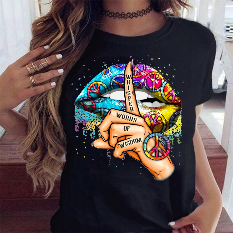 Women Tops O-neck Sexy Black Tees Kiss Lip Funny Summer Female Soft T Shirt Lips Watercolor Graphic T Shirt Top