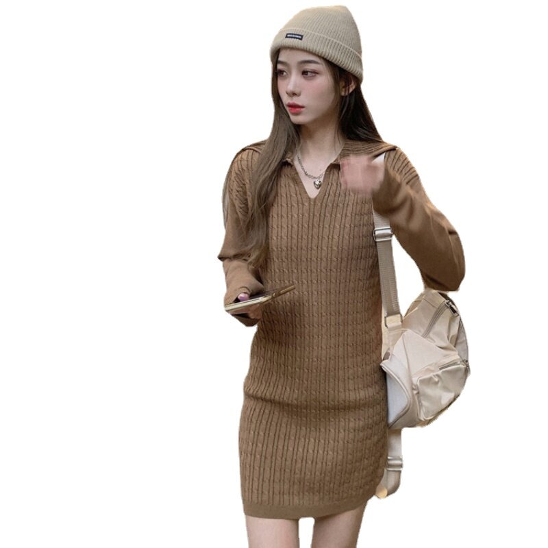 Женское свободное платье-свитер средней длины, однотонное льняное платье-поло с длинными рукавами и принтом в Корейском стиле, новинка 2022