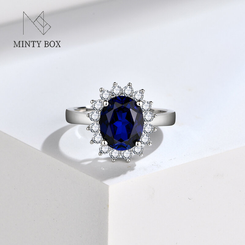 Mintybox Cincin Perak Sterling S925 Biru Safir untuk Wanita Perhiasan Tunangan Pernikahan Batu Permata Cincin Potongan Oval Safir Dibuat