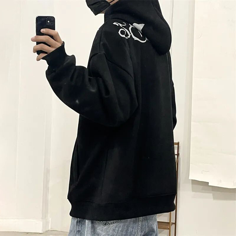 Hiphop American Street Suede Hooded Sweater Men's Autumn Letter Printing Tops Loose Casual High Street Pullover Jacket Tatoo