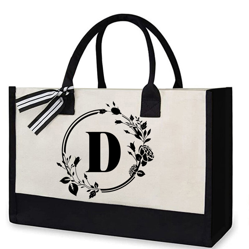 Flower Letter Canvas Bag Women Hit Color Fashion Beach Shoulder Tote Handbags Outdoor Shopping Traveling Bag