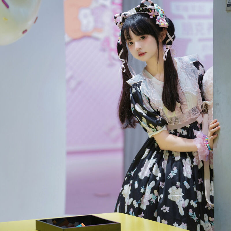 Japanse Kawaii Gothic Lolita Jurk Mooie Tulp Konijn Afdrukken Vrouwen Boog Korte Mouwen Jurk Meisjes Elegante Prinses Partij Jurken