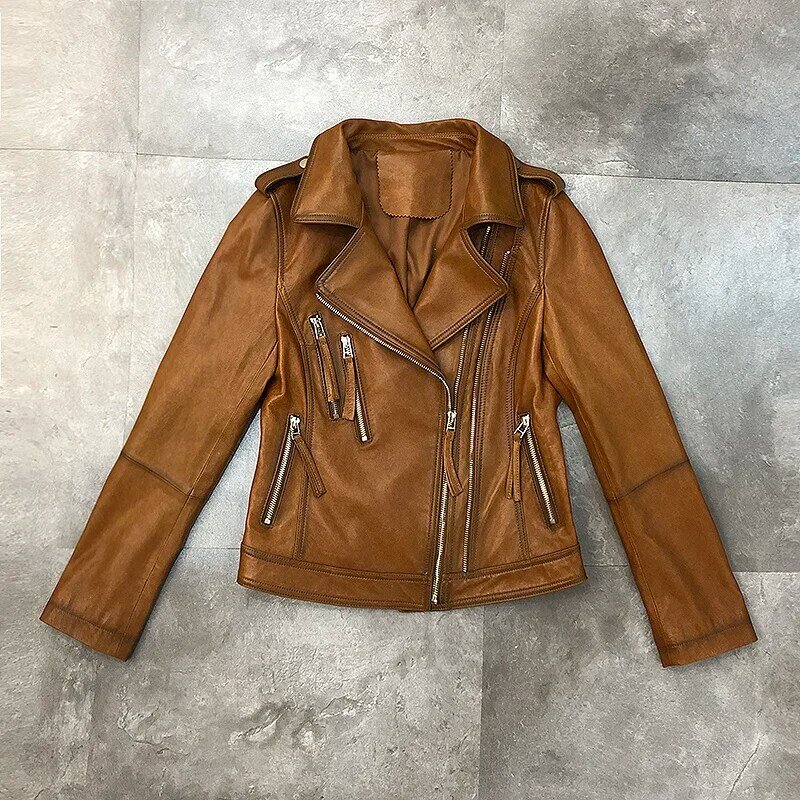 High quality new female autumn lapel leather jacket thin Korean style lambskin short motorcycle genuine leather jacket asymmetry