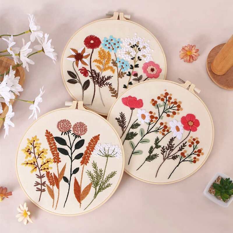 4 Pack Needlepoint Kits,2 Wooden Embroidery Hoops Flower Embroidery Kit With Pattern And Instructions