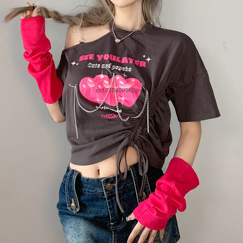 Moda lato Streetwear Y2k ubrania topy dziewczyna Hip Hop główna ulica Sexy T Shirrt kobiety Harajuku sznurkiem projekt gotyckie koszule