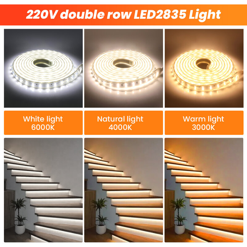220V LED Strip Light Super Bright 2835 Double Row 120Leds/m Flexible LED Tape Waterproof Outdoor LED Ribbon for Home Decoration