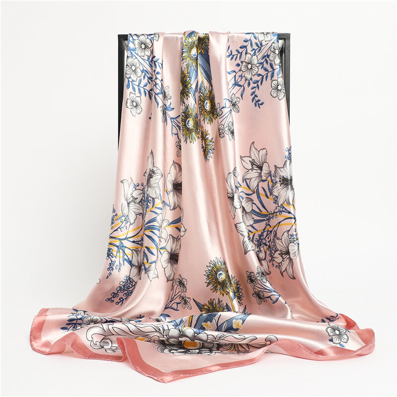 プリント花2021正方形の絹のスカーフ女性のファッション90*90センチメートルサテンソフト夏ハンカチバンダナスカーフヘッドバンドビーチショールラップ