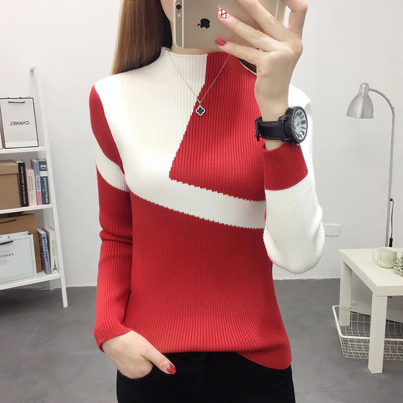 Sweater Women for Winter 2022 Fashion Autumn Patchwork Knitted Long Sleeve Pullover Female Tricot Slim Fit Jumper ropa mujer