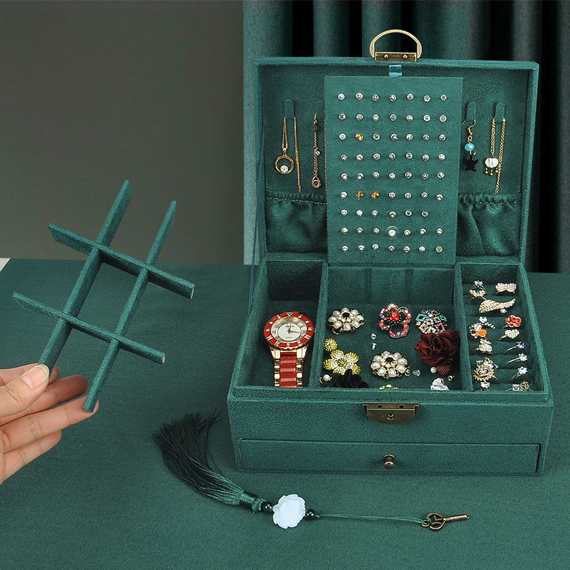 ZLALHAJA duża pojemność organizator na biżuterię z zamkiem 2-warstwowe pudełko z biżuterią aksamitne naszyjniki kolczyki pierścionki witryna Case