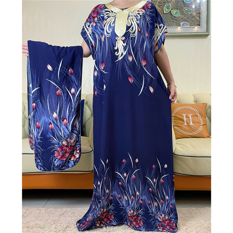Latest African Dashiki Cotton Floral Dress Printed Short Sleeve Collect Waist Straight Loose African Women Dress with Scarf YY24