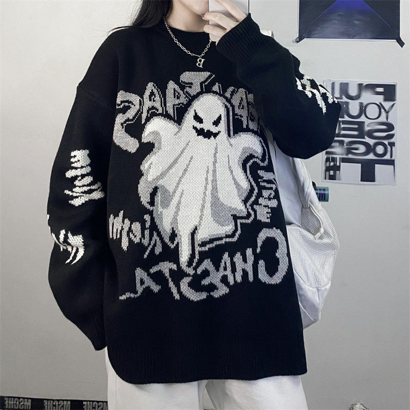 2022 sweter w stylu Retro mroczny styl Harajuku styl student list diabeł pogrubienie mężczyzn i kobiet luźna w stylu retro dzianiny sweter koreańska bluzka