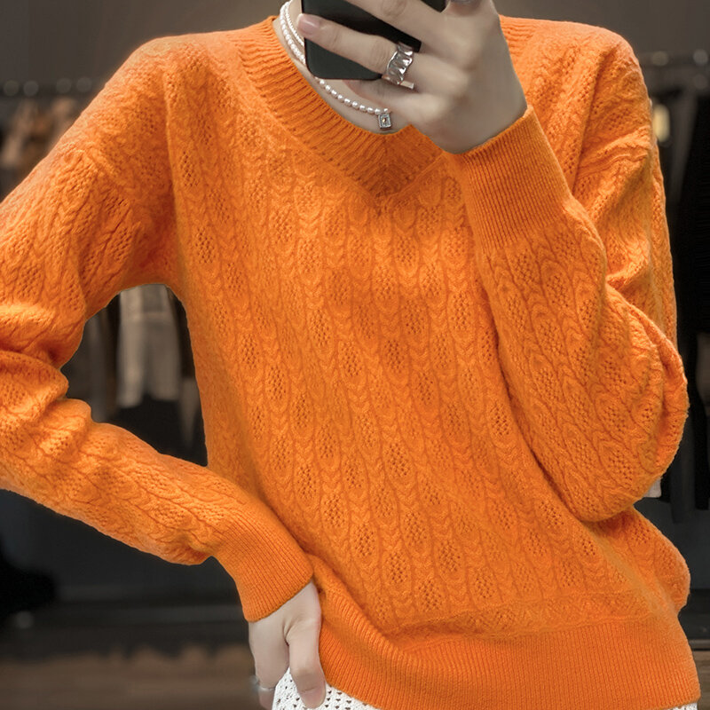 Женский шерстяной свитер с V-образным вырезом, Свободный пуловер с длинным рукавом, Джокер, Осень-зима