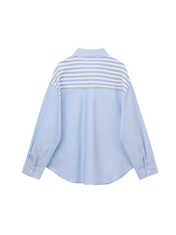 Chal a rayas azul camisa de manga larga para mujer primavera y otoño nuevo diseño Simple sentido de apilamiento falso blusa de dos piezas Top femenino