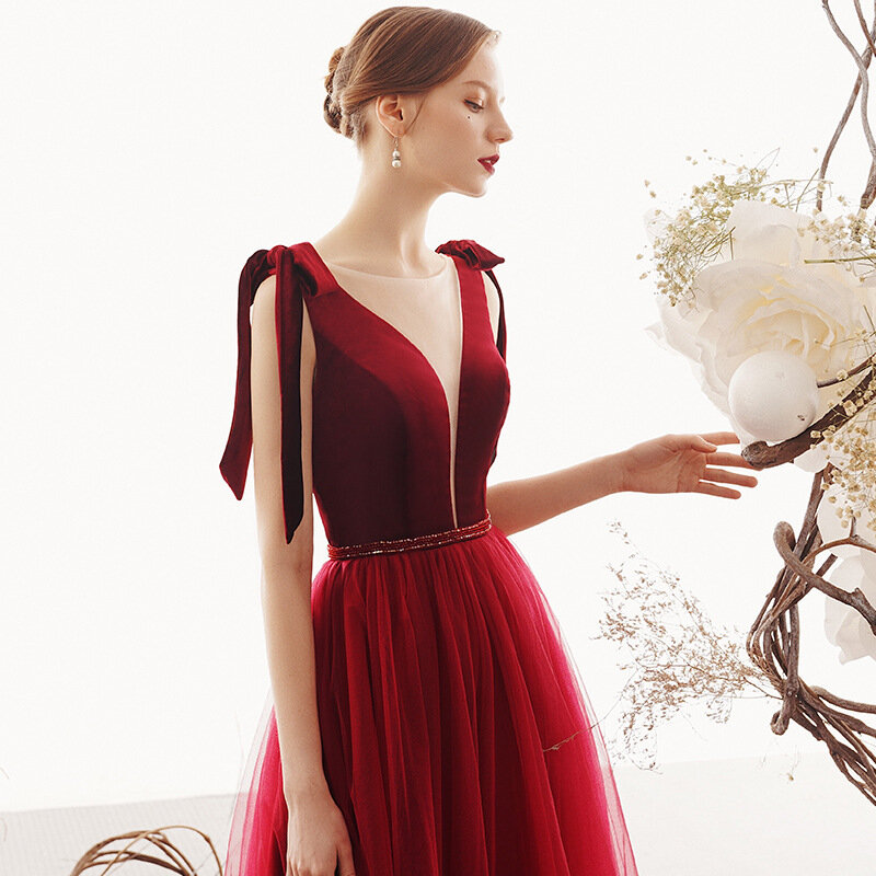 ETESANSFIN خمر-قطيفة أحمر-بدون ظهر-بدون أكمام-نمط طويل سهرة/مأدبة العروس/نخب تنورة مثيرة للنساء في الصيف