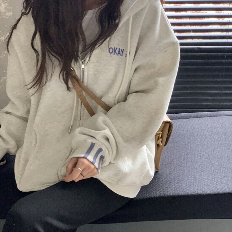 Estilo coreano com capuz zip-up casual carta imprimir manga comprida solta hoodies feminino outono roupas oversized moletom com capuz