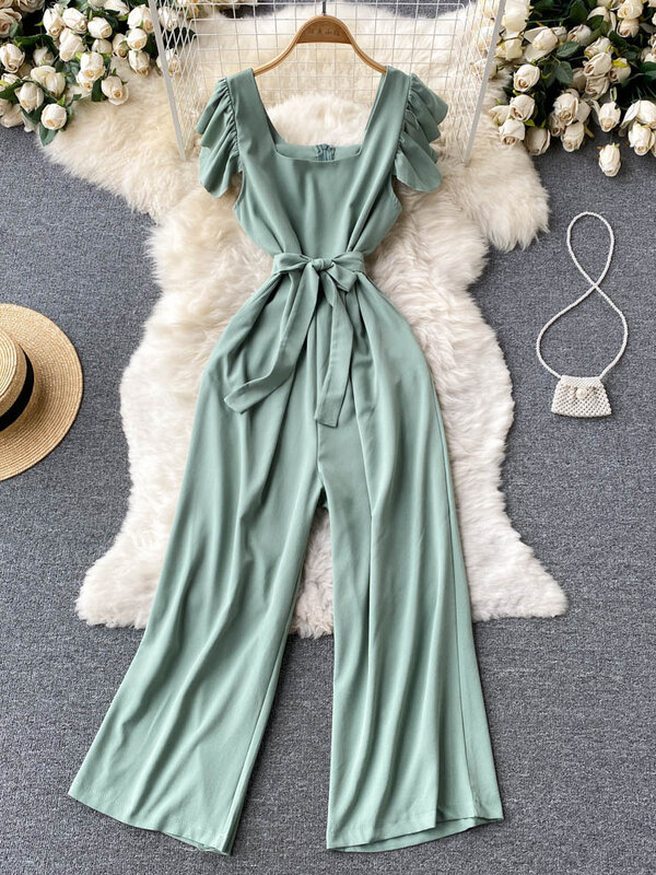 Women 2022 Korean version of the summer new holiday style fashion sexy V-neck slim long casual wide-leg jumpsuit female D0633