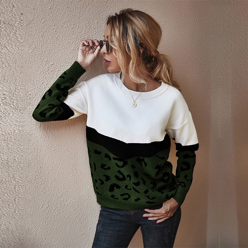 Jersey de manga larga con cuello redondo para mujer, suéter de punto con retazos de leopardo a la moda, color caqui y marrón, otoño e invierno, 2023