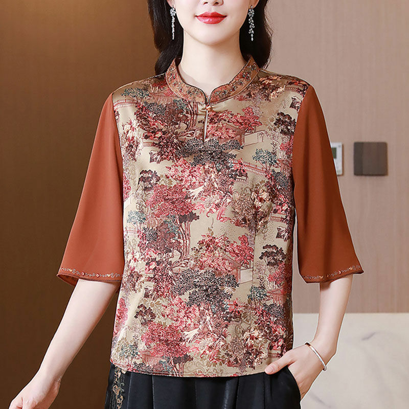 Blusa de gasa con estampado para mujer, camisa holgada con estampado de tela de seda, 1 piezas, para verano, 2023