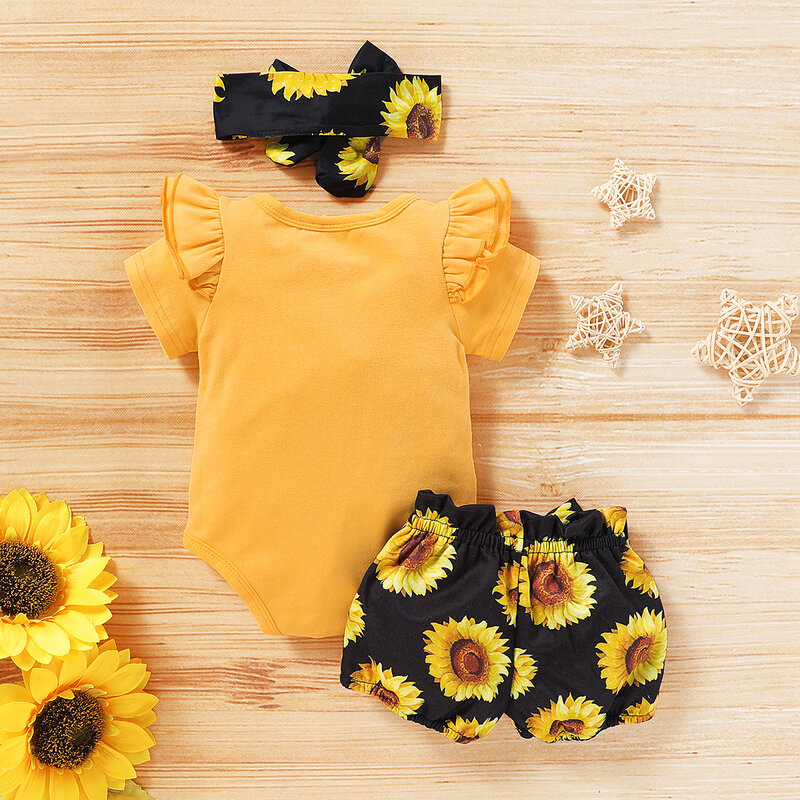 Baju Anak Perempuan Bayi Balita 3 Potong Musim Panas Baju Monyet Kerut Celana Bunga Matahari Pakaian Ikat Kepala Set Bayi Baru Lahir