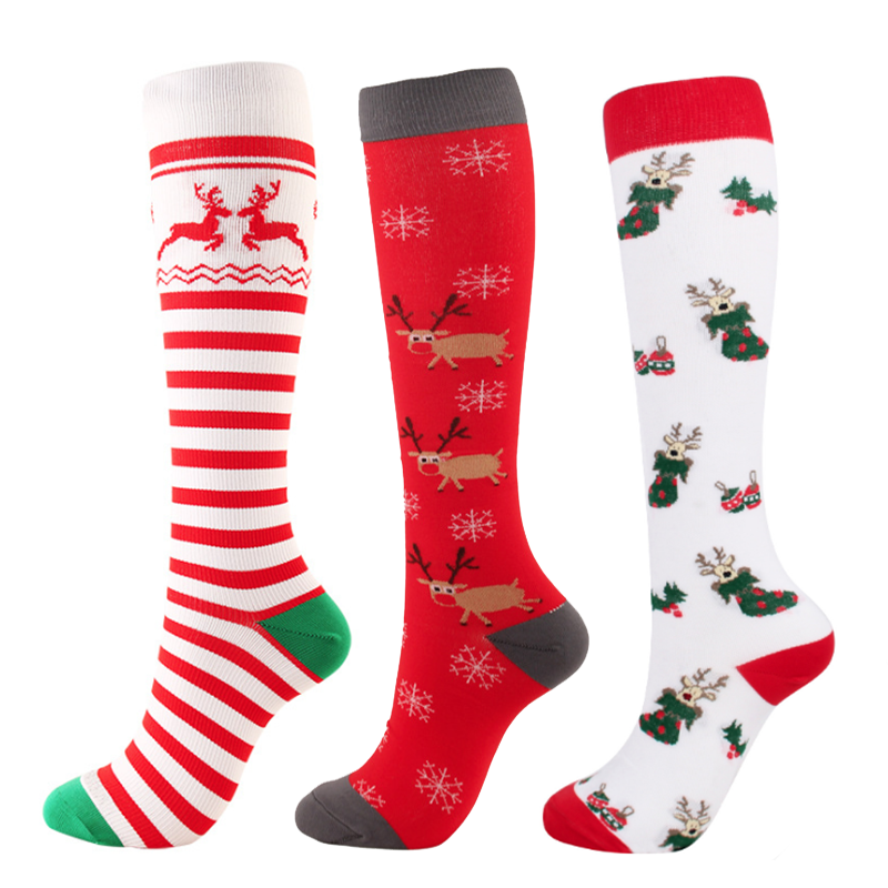 3ペア女性クリスマス靴下おかしいクリスマスサンタクロースクリスマスツリースノーフレークエルク雪ハイトチューブフィットネススポーツ靴下新年ソックス
